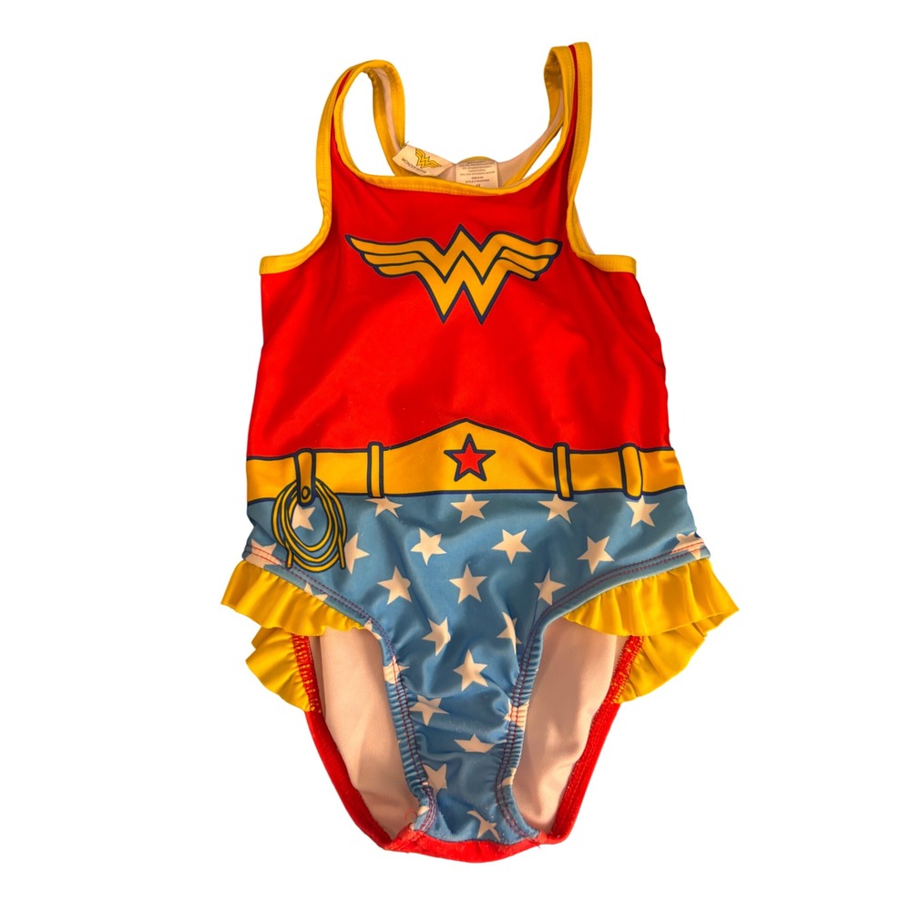 Wonder Woman One Piece Swimsuit Kids Size 4T Red Blue Star Ruffle Bathing Suit